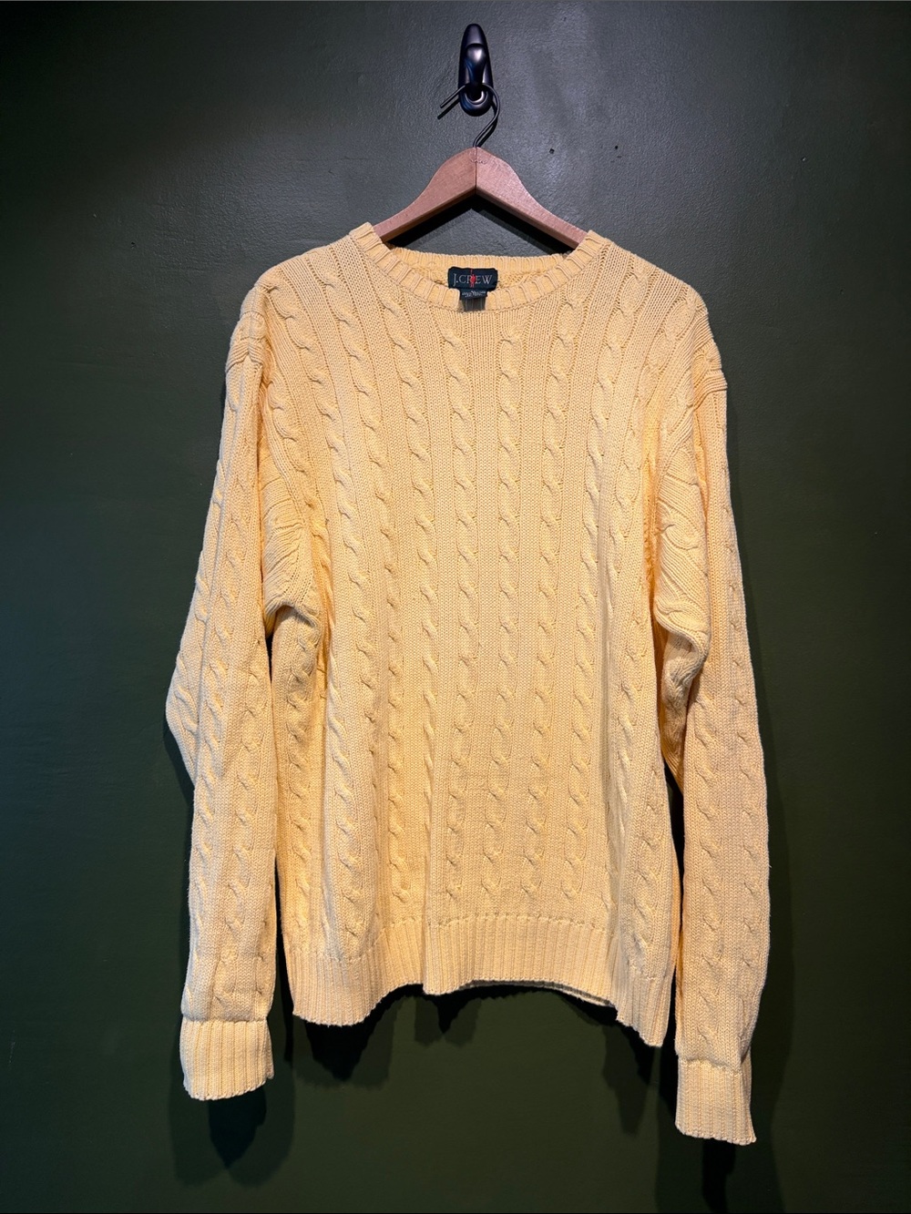 Vintage 90’s J. Crew Men’s Yellow Cable-Knit Crewneck Fisherman Sweater